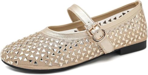 Women's Rhinestone Mesh Mary Jane Flats, Round Toe Ballet Flat with Adjustable Buckle Strap for Wedding Party in Kuwait