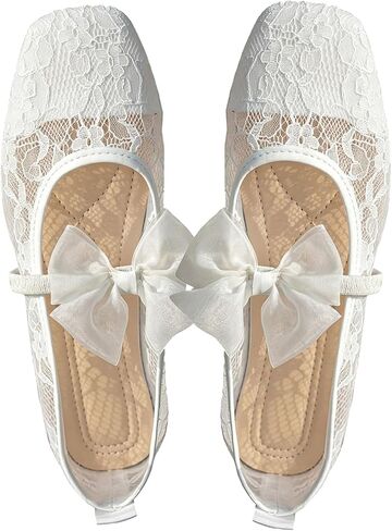 GORGLITTER Women's Lace Ballet Flats Bow Sheer Mesh Closed Square Toe Wedding Party Birthday Slip on Ballerina Dress Shoes in Kuwait