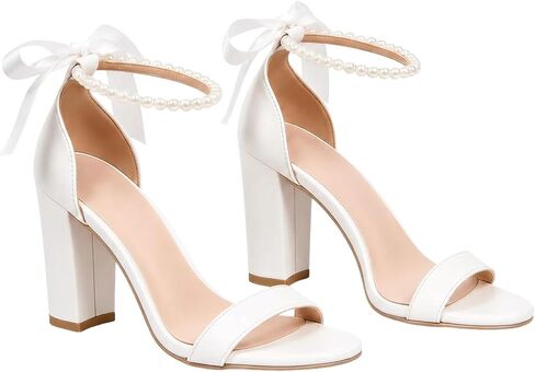GeeYea White Pearl High Heels for Women, Bow Chunky Block Heel Open Toe Sandals, Ankle Strap Non-Slip Bridal Footwear for Wedding, Graduation & Prom Party in Kuwait