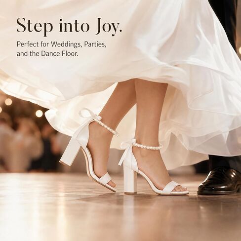GeeYea White Pearl High Heels for Women, Bow Chunky Block Heel Open Toe Sandals, Ankle Strap Non-Slip Bridal Footwear for Wedding, Graduation & Prom Party in Kuwait