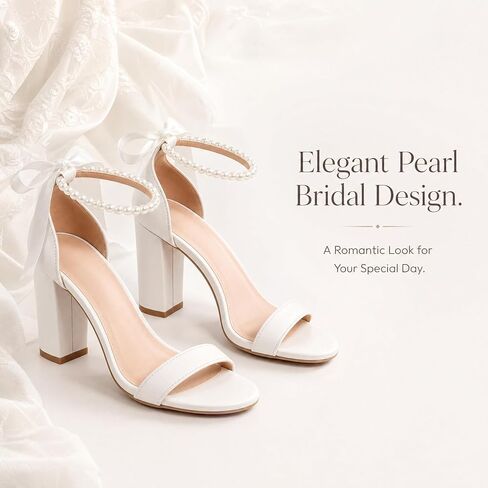 GeeYea White Pearl High Heels for Women, Bow Chunky Block Heel Open Toe Sandals, Ankle Strap Non-Slip Bridal Footwear for Wedding, Graduation & Prom Party in Kuwait
