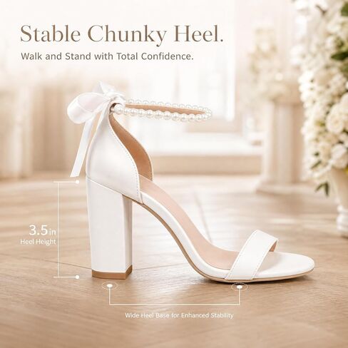 GeeYea White Pearl High Heels for Women, Bow Chunky Block Heel Open Toe Sandals, Ankle Strap Non-Slip Bridal Footwear for Wedding, Graduation & Prom Party in Kuwait