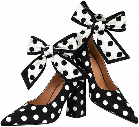 Black and White Polka Dot Pumps for Women, Chunky Block Heel with Bow Lace-Up, Pointed Toe, Fabric Court Shoes in Kuwait