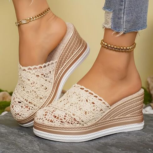 Women's Crochet Wedge Mule Sandals - Knit Slip On Clogs Open Back Platform Sole Sandals, Lightweight Summer Boho Casual Walking Sandals for Beach Vacation in Kuwait