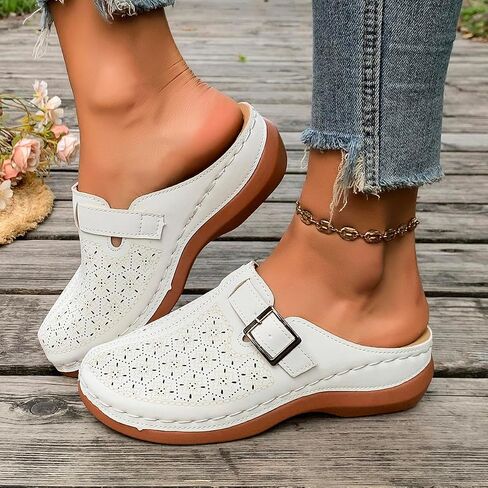 Women's Hollow Out Embroidered Clogs, Adjustable Buckle Slip-On Mules, Comfortable Cushioned Wedge Sandals, Closed Toe Casual Walking Shoes for Outdoor in Kuwait