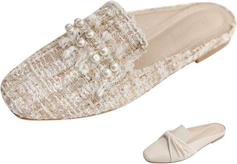 Optigard Women's Pearl Decor Flat Mules Shoes,Comfortable Round Toe Slip On Backless Dress Mule Slide Sandals Ladies Loafers in Kuwait