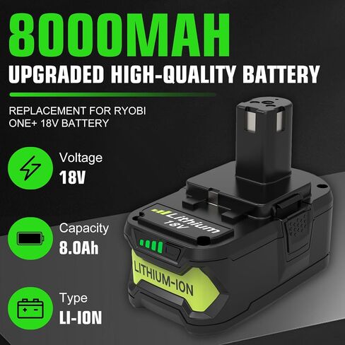 8.0Ah Replacement for Ryobi 18V Battery and Charger P117 Combo | Compatible with 18V Ryobi Battery Lithium P102 P103 P104 P105 P107 P109 P122 Cordless Tool Batteries in Kuwait