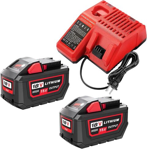 Upgraded 2Packs 18V 15.0Ah and Charger Replacement for Milwaukee 18V Battery Compatible with 18 Milwaukee Battery 48-11-1850 48-11-1840 48-11-1815 Cordless Power Tool with Charger in Kuwait