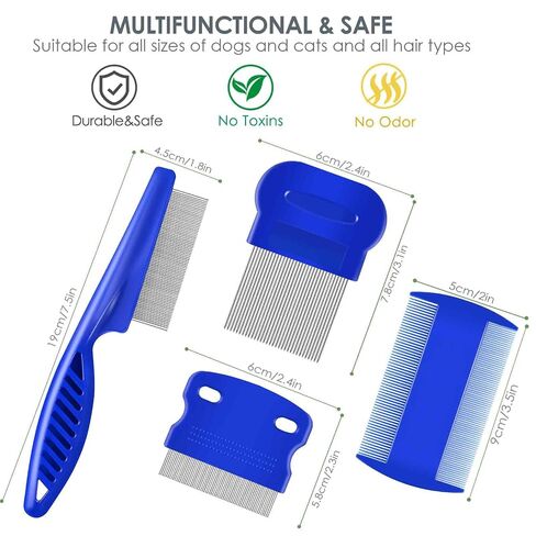 4 Pack Flea Lice Comb, Stainless Steel Dog Cat Grooming Combs with Rounded Teeth, Double Sided Professional Pet Tear Stain Remover, Dematting Tool for Small, Medium & Large Pets in Saudi Arabia