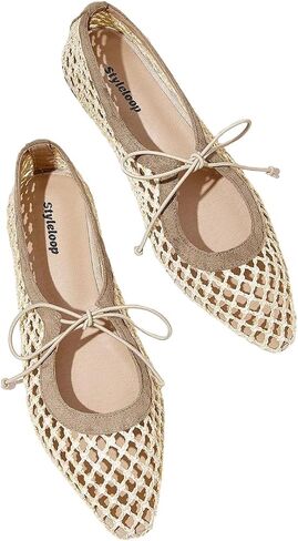 OYOANGLE Women's Hollow Out Mesh Bow Tie Ballet Flat Sheer Closed Toe Flats Boho Vacation Shoes in Kuwait