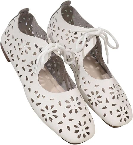 GORGLITTER Women's Hollow Out Ballet Flats Lace Up Closed Square Toe Comfortable Work Office Dressy Ballerina Shoes in Kuwait