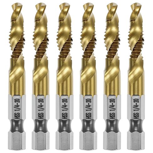 QWORK 6pcs Drill Tap Bit Set 1/4"-20 UNC Titanium Coated HSS – One-Step Drilling Tapping & Countersinking for Soft Metal, Wood & Plastic – 1/4 Inch Hex Quick Change Shank Taps in Kuwait