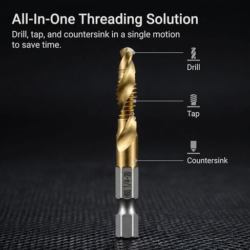 QWORK 6pcs Drill Tap Bit Set 1/4"-20 UNC Titanium Coated HSS – One-Step Drilling Tapping & Countersinking for Soft Metal, Wood & Plastic – 1/4 Inch Hex Quick Change Shank Taps in Kuwait