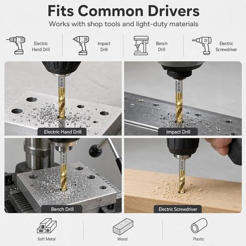 QWORK 6pcs Drill Tap Bit Set 1/4"-20 UNC Titanium Coated HSS – One-Step Drilling Tapping & Countersinking for Soft Metal, Wood & Plastic – 1/4 Inch Hex Quick Change Shank Taps in Kuwait