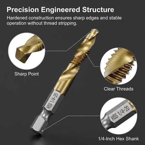 QWORK 6pcs Drill Tap Bit Set 1/4"-20 UNC Titanium Coated HSS – One-Step Drilling Tapping & Countersinking for Soft Metal, Wood & Plastic – 1/4 Inch Hex Quick Change Shank Taps in Kuwait