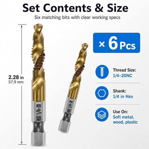 QWORK 6pcs Drill Tap Bit Set 1/4"-20 UNC Titanium Coated HSS – One-Step Drilling Tapping & Countersinking for Soft Metal, Wood & Plastic – 1/4 Inch Hex Quick Change Shank Taps in Kuwait