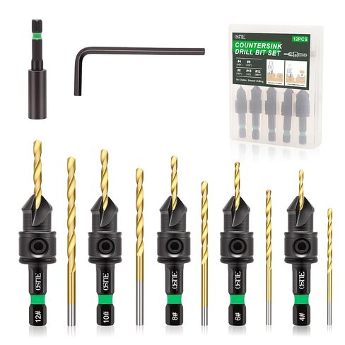 12PCS Countersink Drill Bit Set, 1/4" Hex, Adjustable Depth Stop | Sizes: #4, #6, #8, #10, #12; 4341HSS; Magnetic extension & hex key; Countersink for wood; Includes a set of spare drill bits in Kuwait