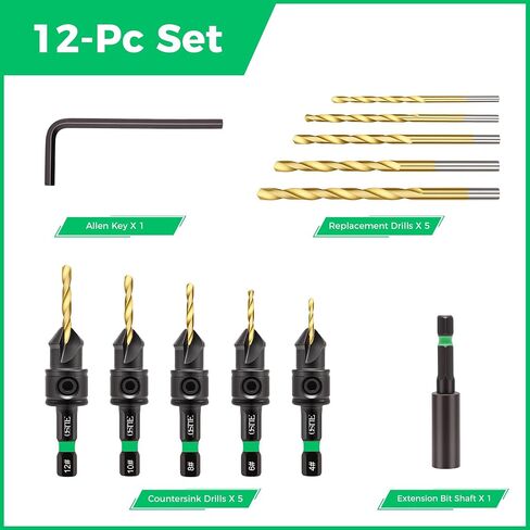 12PCS Countersink Drill Bit Set, 1/4" Hex, Adjustable Depth Stop | Sizes: #4, #6, #8, #10, #12; 4341HSS; Magnetic extension & hex key; Countersink for wood; Includes a set of spare drill bits in Kuwait