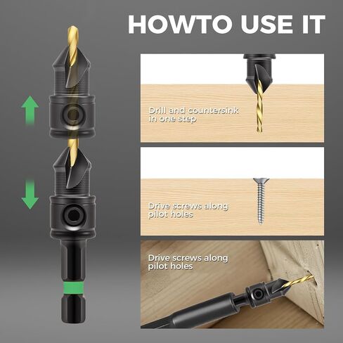12PCS Countersink Drill Bit Set, 1/4" Hex, Adjustable Depth Stop | Sizes: #4, #6, #8, #10, #12; 4341HSS; Magnetic extension & hex key; Countersink for wood; Includes a set of spare drill bits in Kuwait