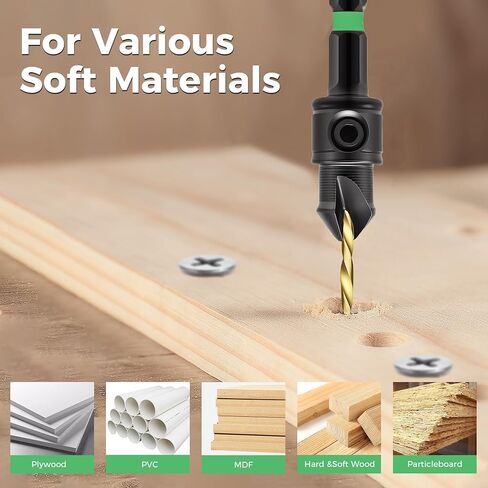 12PCS Countersink Drill Bit Set, 1/4" Hex, Adjustable Depth Stop | Sizes: #4, #6, #8, #10, #12; 4341HSS; Magnetic extension & hex key; Countersink for wood; Includes a set of spare drill bits in Kuwait