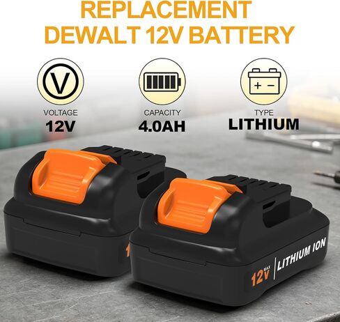 2-Pack 4.0Ah Replacement for Dewalt 12V Battery and Charger Kit, Compatible with Dewalt 12 Volt Max Battery DCB120 DCB124 DCB127 DCB122 DCB125, Includes DCB118 Charger in Kuwait