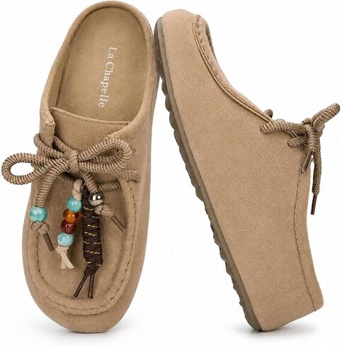 La Chapelle Women's Moccasin Mules 5cm Hidden Wedge Backless Slip-On Platform Casual Loafers with Detachable Beaded in Kuwait