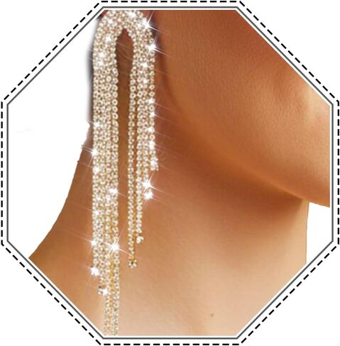 Lorealri الذهب حجر الراين استرخى أقراط أنيقة سباركلي الرسمية سلسلة طويلة كريستال الثريا القرط الزفاف مأدبة الأذن مجوهرات للنساء in Kuwait