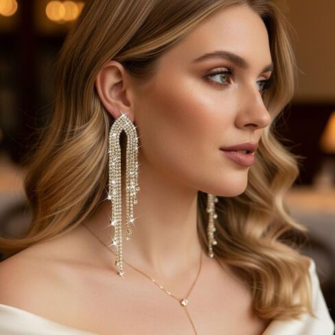 Lorealri الذهب حجر الراين استرخى أقراط أنيقة سباركلي الرسمية سلسلة طويلة كريستال الثريا القرط الزفاف مأدبة الأذن مجوهرات للنساء in Kuwait