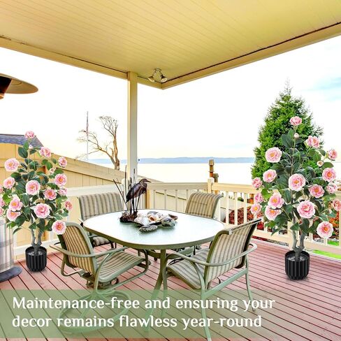 Giegxin 2 Pack 6 Ft Artificial Camellia Outdoor Trees Fake Faux Floral Flower Blooming Potted Plant in Cement Pot Realistic Faux Camellia Plants for Porch Decor Indoor Outdoor Office Home, White in Saudi Arabia