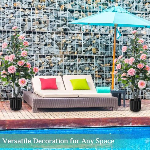 Giegxin 2 Pack 6 Ft Artificial Camellia Outdoor Trees Fake Faux Floral Flower Blooming Potted Plant in Cement Pot Realistic Faux Camellia Plants for Porch Decor Indoor Outdoor Office Home, White in Saudi Arabia