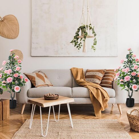 Giegxin 2 Pack 6 Ft Artificial Camellia Outdoor Trees Fake Faux Floral Flower Blooming Potted Plant in Cement Pot Realistic Faux Camellia Plants for Porch Decor Indoor Outdoor Office Home, White in Saudi Arabia