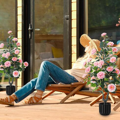 Giegxin 2 Pack 6 Ft Artificial Camellia Outdoor Trees Fake Faux Floral Flower Blooming Potted Plant in Cement Pot Realistic Faux Camellia Plants for Porch Decor Indoor Outdoor Office Home, White in Saudi Arabia