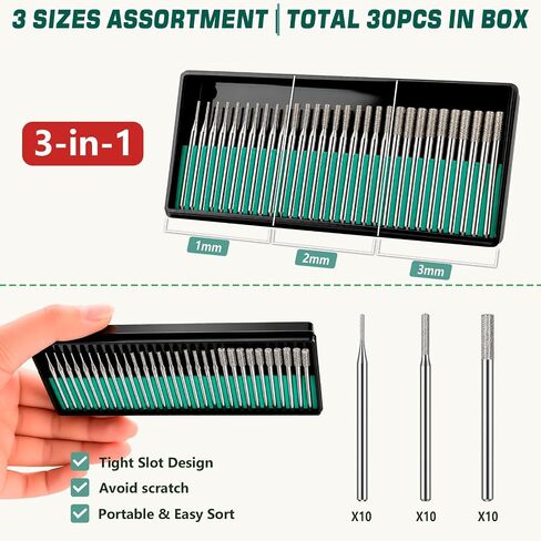 SI FANG 30PCS Diamond Drill Bits 1mm 2mm 3mm, 1/8" Shank for Dremel | Coated Grinding Bit Rotary Tools Accessories, for Sanding Drilling Stone Sea Glass Shells Ceramic DIY Jewelry Lapidary Making in Kuwait