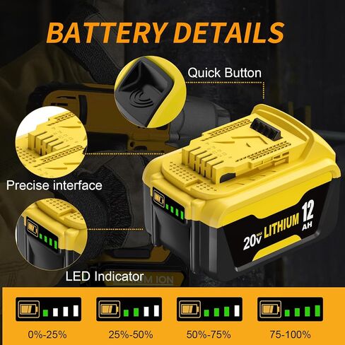 2Pack 12000mAh Lithium-ion Battery Replacement for Dewalt 20V Max Battery | Compatible with Dewalt 20 Volt Batteries DCB200 DCB201 DCB204 DCB206 DCB207 Series Tools and Chargers in Saudi Arabia