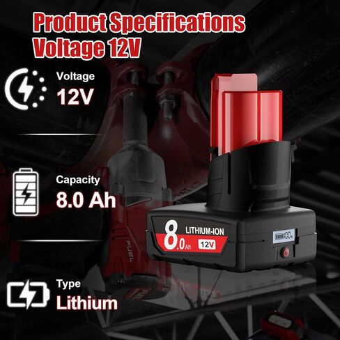 Upgraded LCD Screen M12 12V 8.0Ah Battery 2-Pack and Charger for Milwaukee | Replacement for Milwaukee 12V Battery Compatible with M12 Battery 48-11-2411 48-11-2420 48-11-2430 48-11-2440 48-11-2460 in Kuwait
