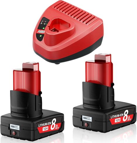 Upgraded LCD Screen M12 12V 8.0Ah Battery 2-Pack and Charger for Milwaukee | Replacement for Milwaukee 12V Battery Compatible with M12 Battery 48-11-2411 48-11-2420 48-11-2430 48-11-2440 48-11-2460 in Saudi Arabia