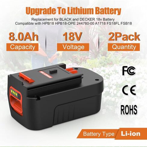 2 Pack 8000mAh hpb18 battery Replacement for black and decker 18v battery HPB18 HPB18-OPE 244760-00 A1718 FS18FL FSB18 FS18HV FS18ID Compatible with Black&Decker 18V Post Style / Rear Mount tools in Kuwait