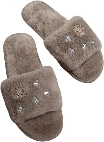 Furry Slippers Faux Fur Rhinestone Star Decor Open Toe Slide Sandals Comfy Indoor House Bathroom Shoes Winter Spring Fall Warm Fluffy Slides in Kuwait