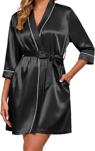 Veseacky Satin Robes for Women Knee Length Bathrobe Lightweight Robe Soft Sleepwear V-neck Casual Ladies Loungewear in Saudi Arabia
