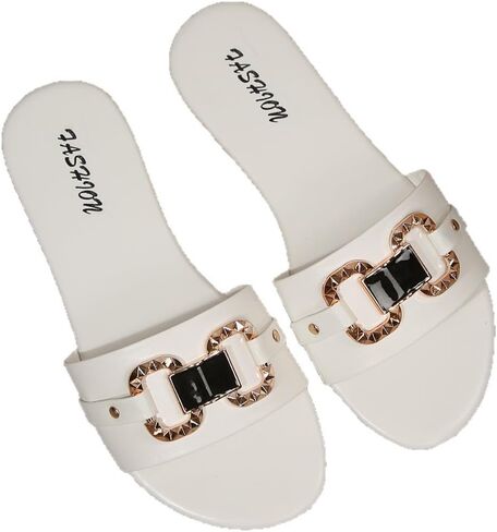 Women's Flat Slide Sandals, Black Open Toe Sandals with Gold Chain Buckle Casual Slip-On Summer Sandals for Women in Kuwait