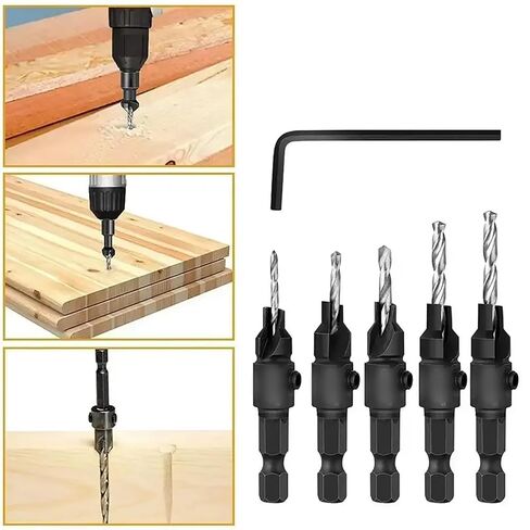 5-Piece Hex Shank Wood Countersink Drill Bit Set with Wrench High-Speed Steel Twist Drill for Woodworking Projects in Kuwait