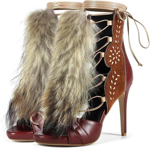 Frankie Hsu Handmade Stiletto Ankle High Heeled Sandal Bootie, Brown Suede Furry Fuzzy Fur Fluffy Plush Gold Girl Shoes For Women in Kuwait