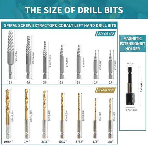 15-Pieces Screw Extractor Set, 37# CR-MO & 6542 HSS Steel Cobalt Left Hand Reverse Drill Bit with 1/4'' Adaptor, Ez Out Stripped Tiny Bolt Remover Kit, Easy Out Broken Screw Head Speed Out Tool in Kuwait