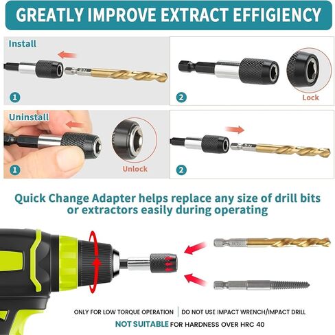 15-Pieces Screw Extractor Set, 37# CR-MO & 6542 HSS Steel Cobalt Left Hand Reverse Drill Bit with 1/4'' Adaptor, Ez Out Stripped Tiny Bolt Remover Kit, Easy Out Broken Screw Head Speed Out Tool in Kuwait