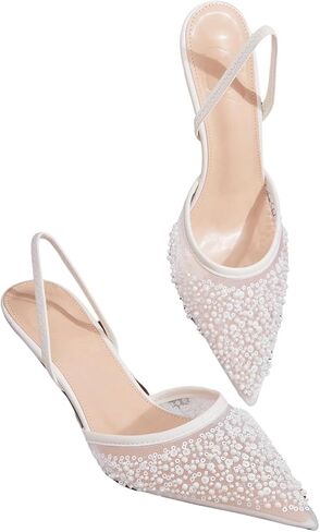 BEAUDRM Women's Floral Lace Slingback Kitten Heels Mesh Closed Pointed Toe Wedding Bridal Stiletto Pumps Shoes in Kuwait