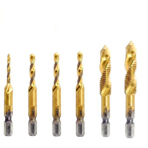 Drill Tap Set 6 Pcs Titanium Plated Combination Taps Drill Bit Set | M3 M4 M5 M6 M8 M10 Hex Shank HSS Screw Thread | Metric Compound Tap Drill Bits|Soft Metal Drilling Deburring & Countersinking in Kuwait