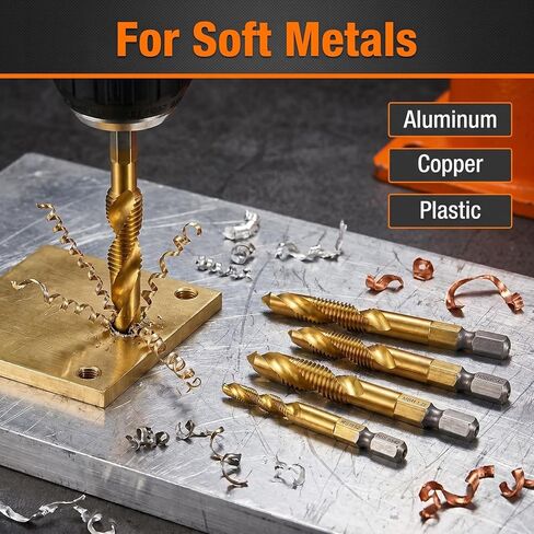 Drill Tap Set 6 Pcs Titanium Plated Combination Taps Drill Bit Set | M3 M4 M5 M6 M8 M10 Hex Shank HSS Screw Thread | Metric Compound Tap Drill Bits|Soft Metal Drilling Deburring & Countersinking in Kuwait