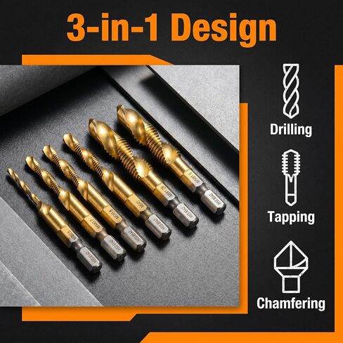 Drill Tap Set 6 Pcs Titanium Plated Combination Taps Drill Bit Set | M3 M4 M5 M6 M8 M10 Hex Shank HSS Screw Thread | Metric Compound Tap Drill Bits|Soft Metal Drilling Deburring & Countersinking in Kuwait