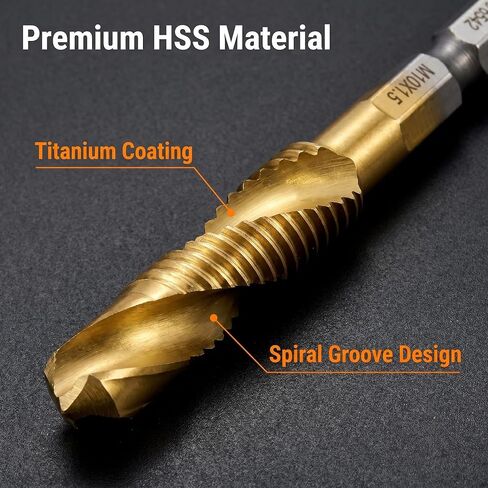 Drill Tap Set 6 Pcs Titanium Plated Combination Taps Drill Bit Set | M3 M4 M5 M6 M8 M10 Hex Shank HSS Screw Thread | Metric Compound Tap Drill Bits|Soft Metal Drilling Deburring & Countersinking in Kuwait