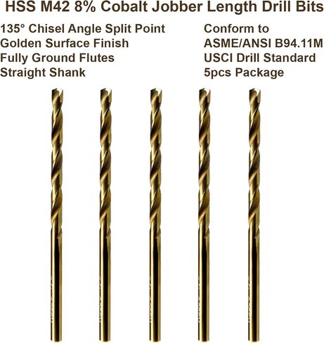 MAXTOOL 9/64" 5pcs Identical Jobber Length Drills HSS M42 Twist Drill Bits 8% Cobalt Fully Ground Golden Straight Shank Drills; JBF42G10R09P5 in Kuwait